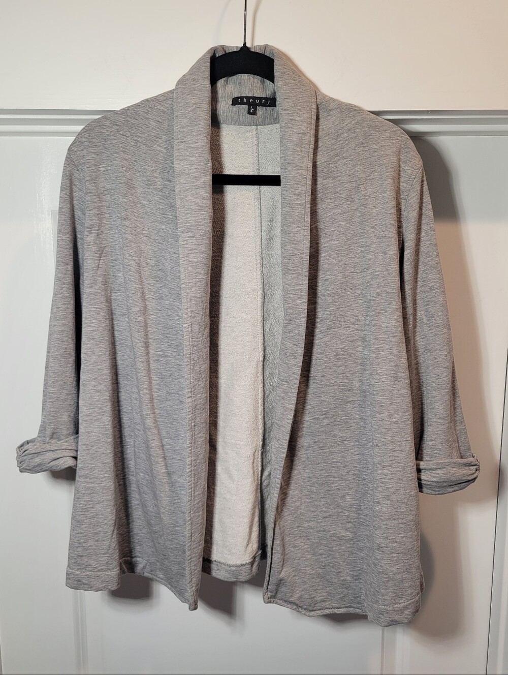 Theory Open-Front Shawl Collar Cotton Cardigan in Light Gray